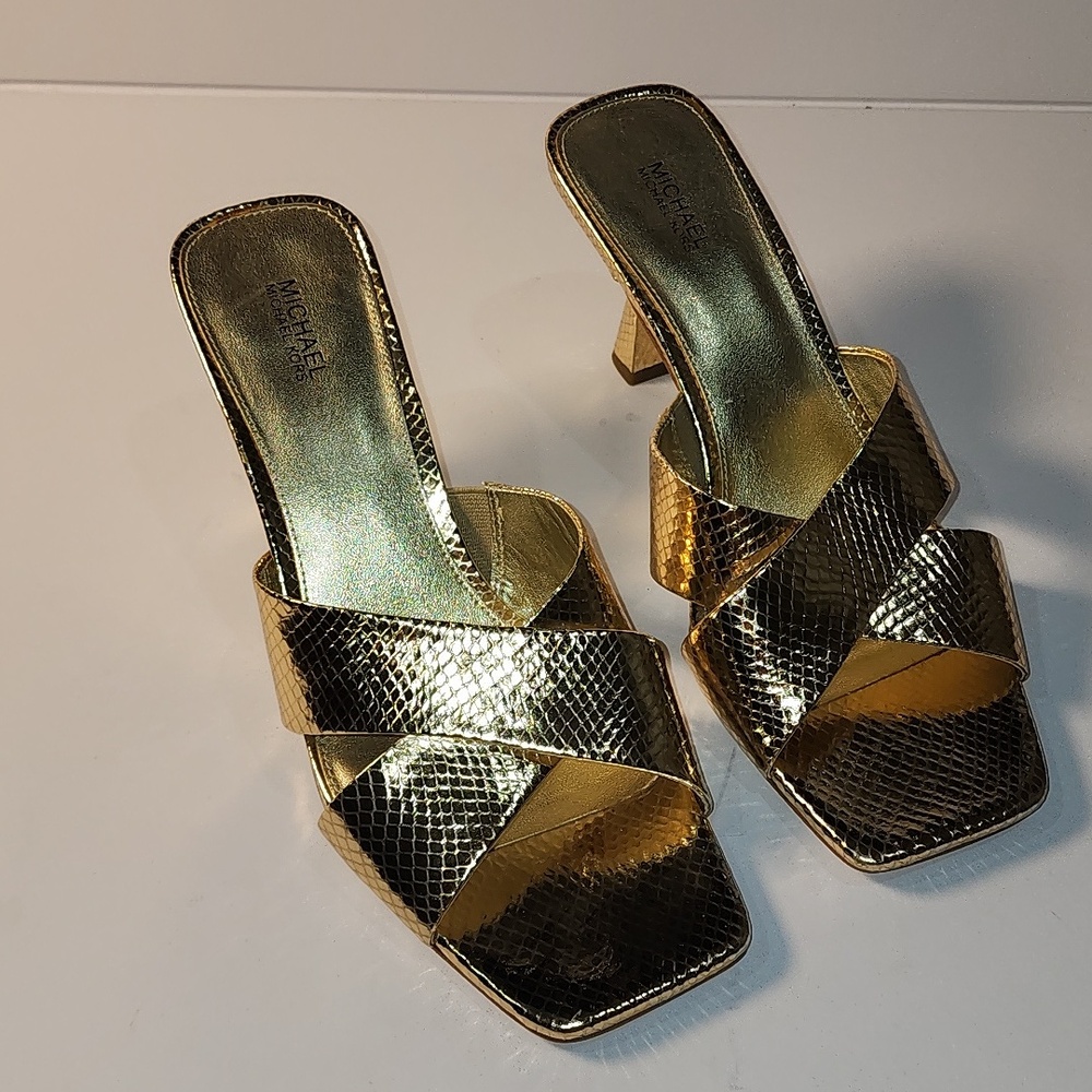Michael Kors Gold Heeled Sandals with Crossover Strap